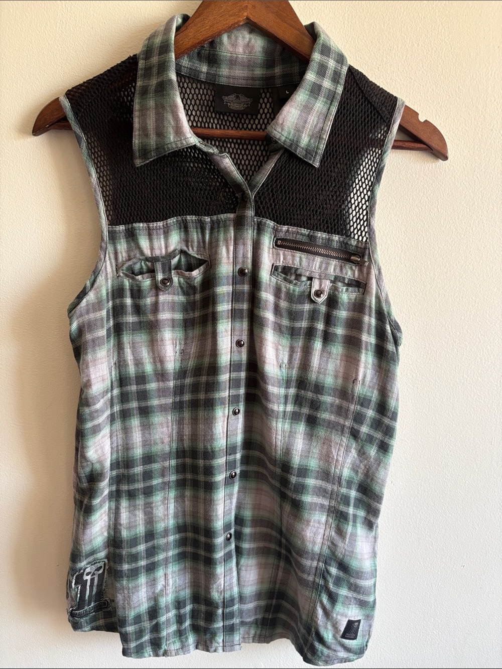 Harley Davidson Plaid Mesh‎ Yoke Sleeveless Button Snap Shirt L